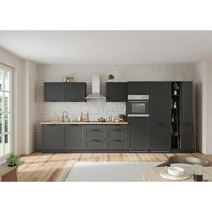 Held Möbel Küchenleerblock Padua - Breite: 420 cm, Farbe Front: Grau, Ohne Elektrogeräte, Für Einbaukühlschrank - Moderne Küche in Grau mit Holzoberflächen und weißen Akzenten. Das Design kombiniert Funktionalität mit stilvoller Ästhetik und hochwertigen Geräten.
