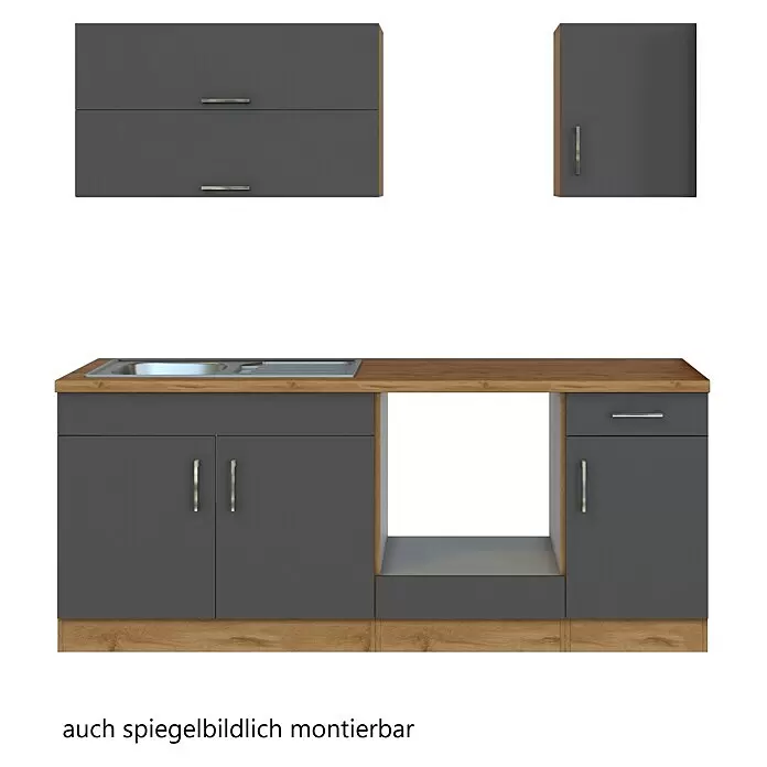 Held Möbel Küchenleerblock - Breite: 210 cm, Anthrazit, Farbe Korpus: Wotaneiche, Ohne Elektrogeräte - Küchenzeile in Anthrazit mit heller Holzplatte, Spüle, Platz für Gerät und zwei Oberschränken. Auch spiegelbildlich montierbar.