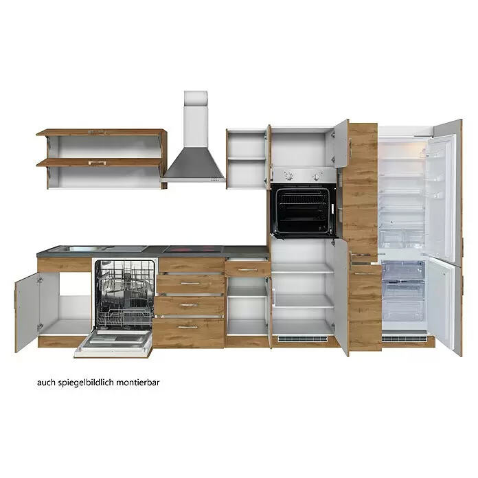 Held Möbel Küchenzeile Barolo Typ 8 - Breite: 360 cm, Wotaneiche, Farbe Korpus: Wotaneiche, Mit Elektrogeräten - Modulare Einbauküche mit heller Holzoptik, grauer Arbeitsplatte, Spüle, Kochfeld, Backofen, Geschirrspüler, Kühlschrank und Dunstabzugshaube.