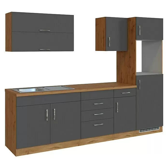 Held Möbel Küchenleerblock Barolo Typ 5 - Breite: 270 cm, Anthrazit, Ohne Elektrogeräte - Graue Küchenzeile mit Holzoptikrahmen und Arbeitsplatte, inklusive Spüle, Schubladen, Schränken und einem Hochschrank für Geräte.