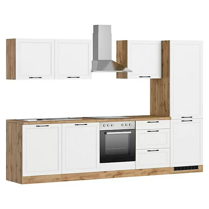 Held Möbel Küchenzeile Padua Typ 3 - Breite: 300 cm, Weiß, Mit Elektrogeräten - Moderne modulare Küche mit weißen Schränken, Holz-Arbeitsplatte und Details, integriertem Silberofen und passender Dunstabzugshaube.