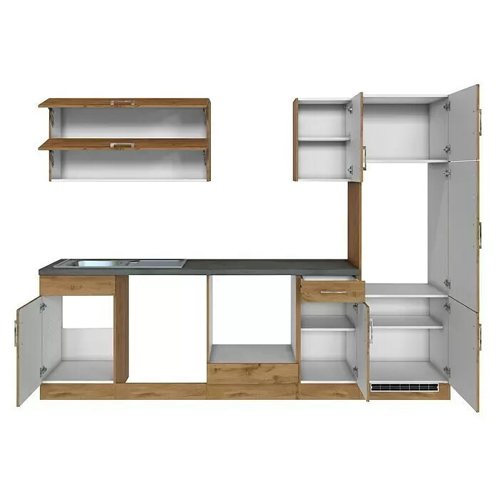 Held Möbel Küchenleerblock Barolo Typ 4 - Breite: 270 cm, Wotaneiche, Farbe Korpus: Wotaneiche, Ohne Elektrogeräte - Modulare Küchenzeile mit hellen Holz- und weißen Schränken, dunkler Arbeitsplatte und integriertem Spülbecken. Offene Türen zeigen Einlegeböden.