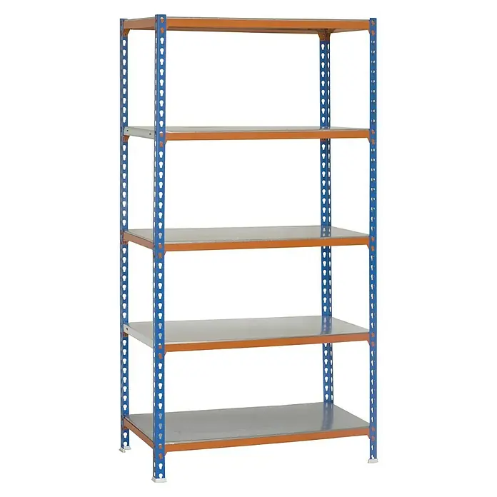 Simonrack Simonclick Metallregal Simonclick Plus - H x B x T: 200 x 100 x 40 cm, Traglast pro Boden: 180 kg, Anzahl Böden: 5 Stk., Stecken, Blau/Orange/Silber - Das Bild zeigt ein blau-orangefarbenes Regal mit fünf Ebenen vor schwarzem Hintergrund. Ideal für Lagerung und Organisation.