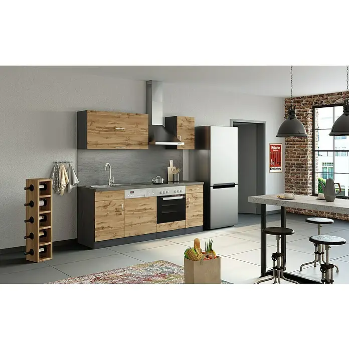 Held Möbel Küchenleerblock Barolo Typ 2 - Breite: 210 cm, Wotaneiche, Farbe Korpus: Graphitgrau, Ohne Elektrogeräte - Helle, moderne Küche mit Holzelementen, einer Küchenzeile mit Geräten, einem Weinständer und einem Esstisch mit Barhockern.
