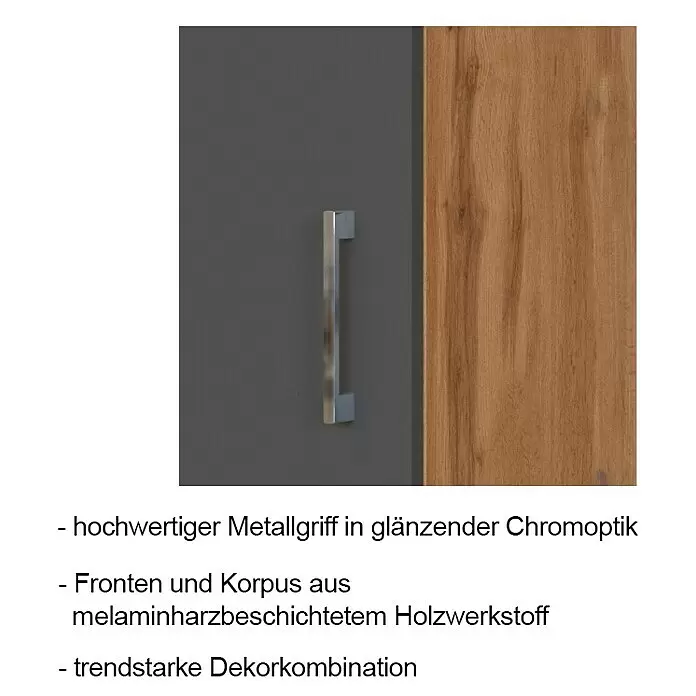 Held Möbel Küchenzeile Barolo Typ 2 - Breite: 210 cm, Anthrazit, Farbe Korpus: Wotaneiche, Mit Elektrogeräten - Schrank mit dunkelgrauer Front, Holzoptik-Paneel & Chromgriff. Aus melaminbeschichtetem Holzwerkstoff.