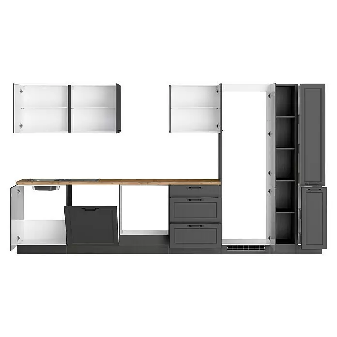 Held Möbel Küchenleerblock Padua - Breite: 360 cm, Grau, Ohne Elektrogeräte, Für Einbaukühlschrank - Moderne dunkelgraue und weiße Küchenschränke mit offenen Türen, Holzarbeitsplatte, integrierter Spüle und Geschirrspüler.