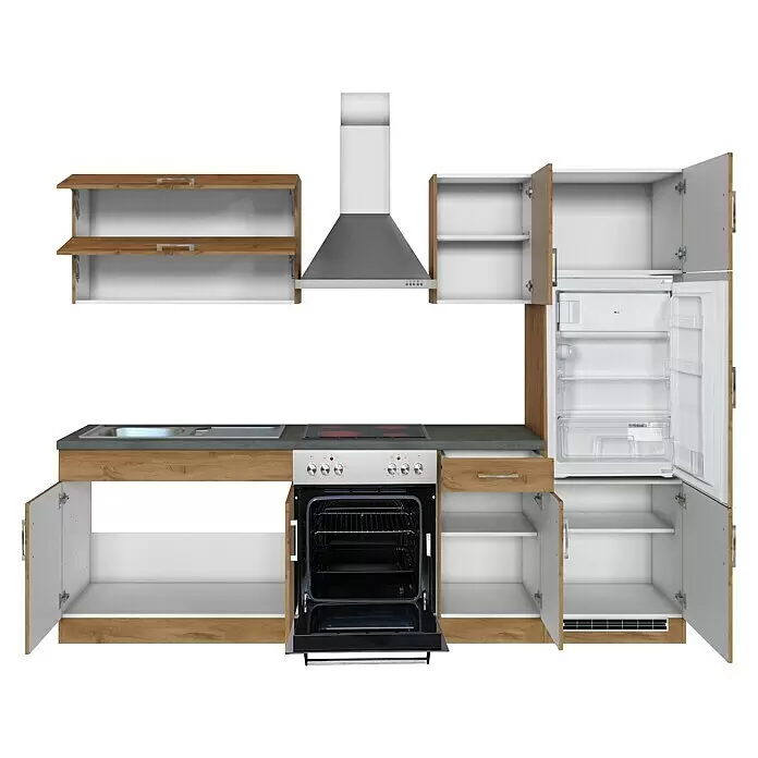 Held Möbel Küchenleerblock Barolo Typ 5 - Breite: 270 cm, Wotaneiche, Farbe Korpus: Wotaneiche, Ohne Elektrogeräte - Modulare Küchenzeile mit hellen Holzschränken, weißer Innenausstattung, grauer Arbeitsplatte, Backofen, Kochfeld, Spüle, Kühlschrank und Dunstabzugshaube.