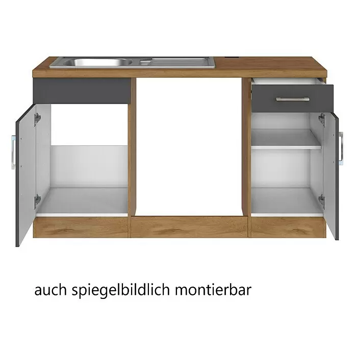 Held Möbel Winkelküche Barolo Typ 7 - B x T: 270 x 210 cm, Farbe Front: Anthrazit, Wotaneiche, Ohne Elektrogeräte - Modulares Küchenunterteil mit Spüle, Holzoptik und Dunkelgrau. Mit Schublade, offenen Fächern und umkehrbarer Anordnung für flexible Montage.
