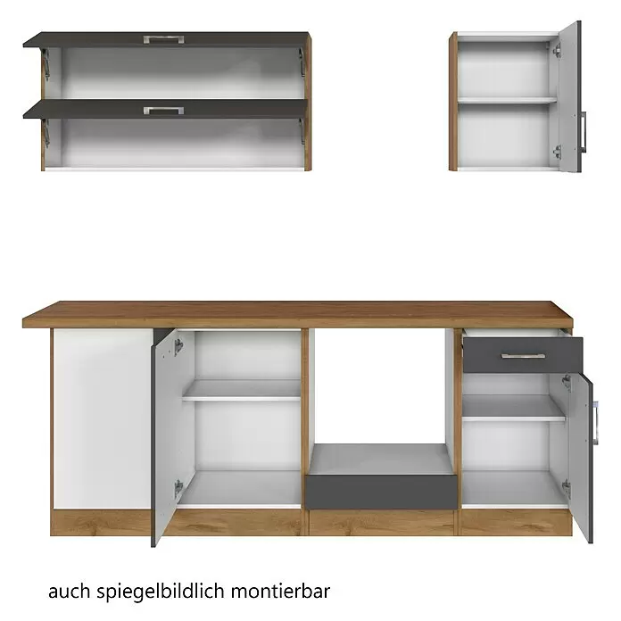 Held Möbel Küchenleerblock Barolo Typ 2 - 210 x 210 cm, Anthrazit, Farbe Korpus: Wotaneiche, Ohne Elektrogeräte - Modulares Möbelset in Holzoptik, Weiß und Dunkelgrau, bestehend aus Sideboard und Hängeschränken. Auch spiegelbildlich montierbar.