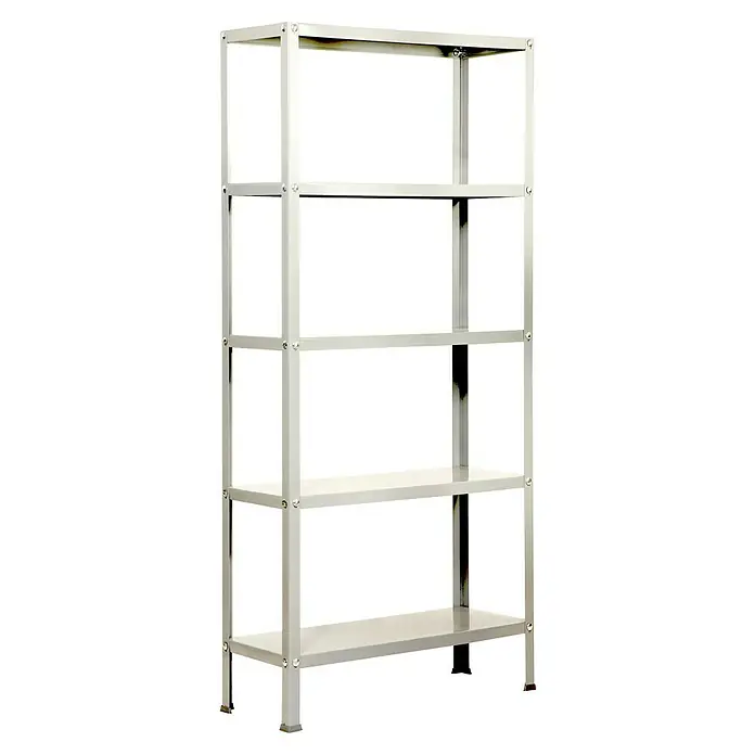 Simonrack Simonhome Estantería metálica Homeclassic Plus - Al x An x Pr: 180 x 100 x 30 cm, Capacidad de carga por balda: 100 kg, Número de baldas: 5 ud., Atornillado, Blanco - Imagen de una estantería gris vacía con cuatro baldas para exposición o almacenamiento de productos, con gran capacidad.