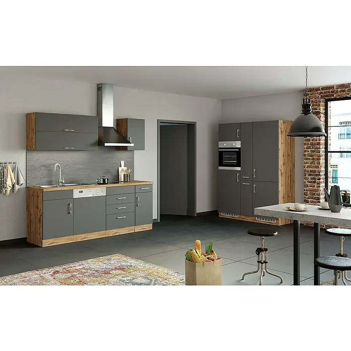 Held Möbel Küchenzeile Barolo Typ 8 - Breite: 360 cm, Anthrazit, Farbe Korpus: Wotaneiche, Mit Elektrogeräten - Eine moderne graue Küche mit Holzdetails, einer Dunstabzugshaube und einem Esstisch mit Barhockern.