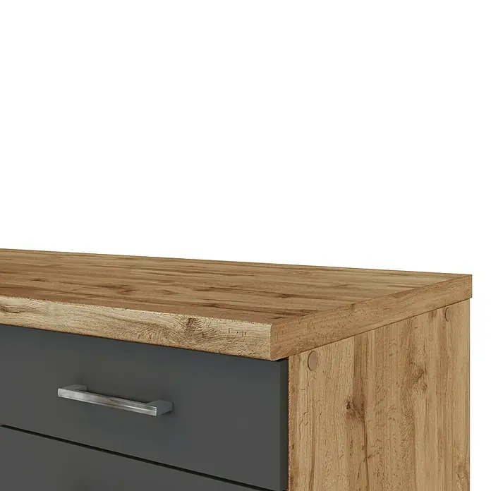 Held Möbel Küchenzeile Barolo Typ 8 - Breite: 360 cm, Anthrazit, Farbe Korpus: Wotaneiche, Mit Elektrogeräten - Nahaufnahme eines modernen Sideboards mit grauem Schubladenelement und einer Tischplatte in Holzoptik. Praktisches Stauraum-Möbelstück.