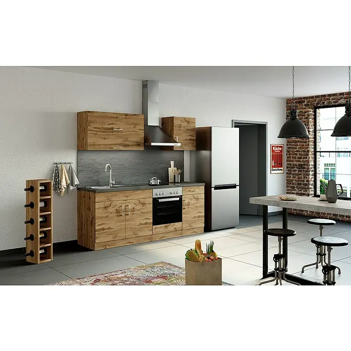 Held Möbel Küchenleerblock - Breite: 210 cm, Wotaneiche, Farbe Korpus: Wotaneiche, Ohne Elektrogeräte - Eine moderne Küche mit Holzakzenten, einschließlich Schränken, Weinständer und Geräten, in einem stilvollen Küchendesign.