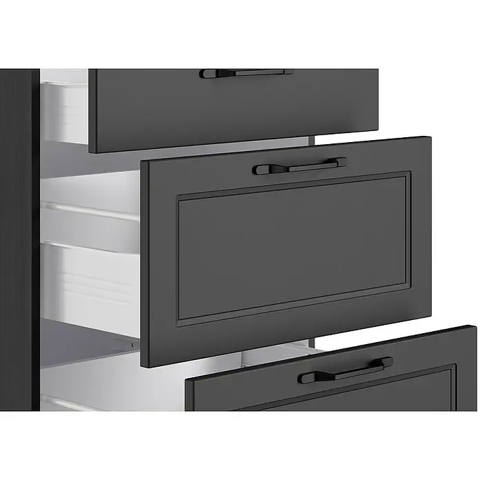 Held Möbel Küchenleerblock Padua Typ 2 - 240 x 300 cm, Grau, Ohne Elektrogeräte - Die schwarzen Küchenschubladen sind teilweise geöffnet und zeigen den weißen Innenraum. Die Griffe sind schlicht und modern gestaltet.