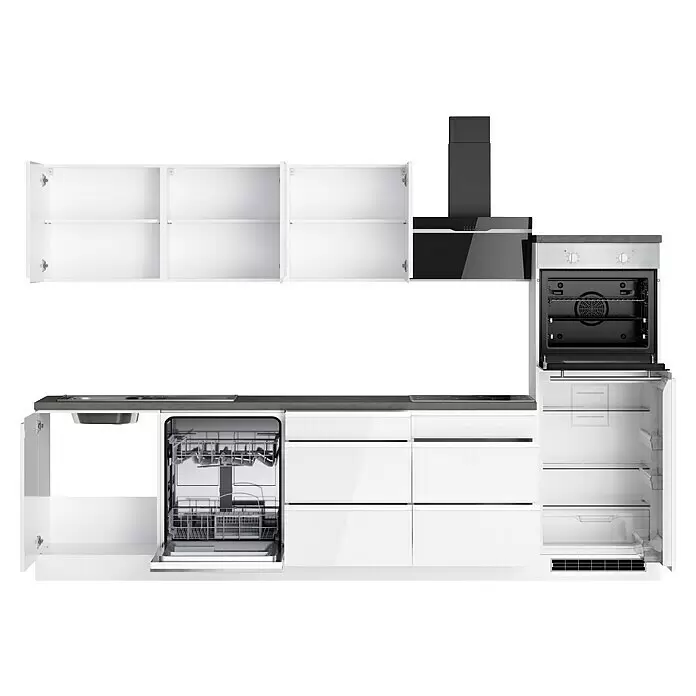 Held Möbel Küchenzeile Treviso Typ 3 - Breite: 300 cm, Weiß, Dekor Arbeitsplatte: Betonoptik, Induktionskochfeld, Mit Elektrogeräten - Weiße Modulküche mit integrierten Geräten: Spüle, Geschirrspüler, Induktionskochfeld, Backofen, Dunstabzugshaube und Kühlschrank. Dunkelgraue Arbeitsplatte.