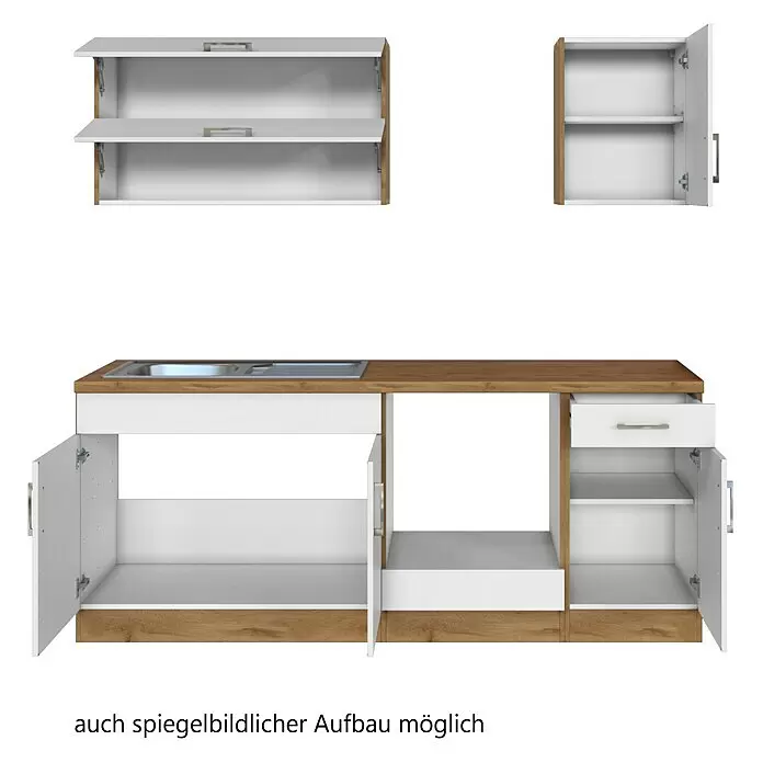 Held Möbel Küchenleerblock - Breite: 210 cm, Weiß, Farbe Korpus: Wotaneiche, Ohne Elektrogeräte - Zweifarbige Küchenzeile mit Holzplatte und Spüle, Oberschränken, Unterschränken und Schublade.
