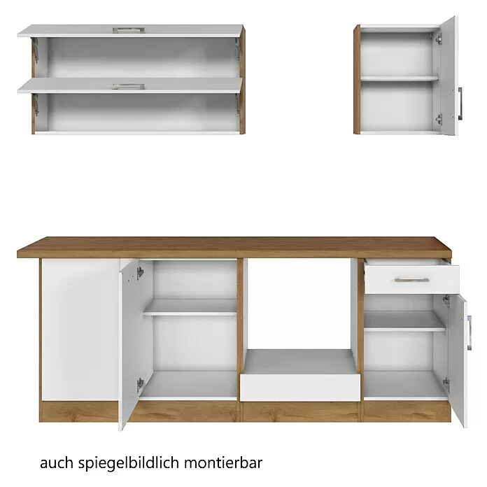 Held Möbel Küchenleerblock Barolo Typ 2 - 210 x 210 cm, Weiß, Farbe Korpus: Wotaneiche, Ohne Elektrogeräte - Modulares Möbelset in Weiß und Holzoptik mit Hängeschränken, einem Sideboard mit Schubladen und Türen, auch spiegelbildlich montierbar.