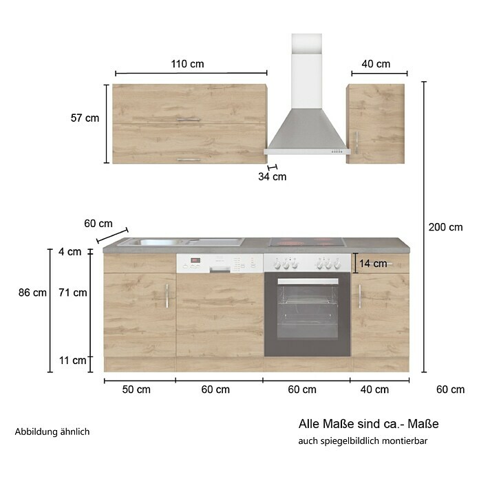 Held Möbel Küchenzeile Barolo Typ 2 (Breite: 210 cm, Wotaneiche, Farbe Korpus: Graphitgrau, Mit Elektrogeräten) | BAUHAUS