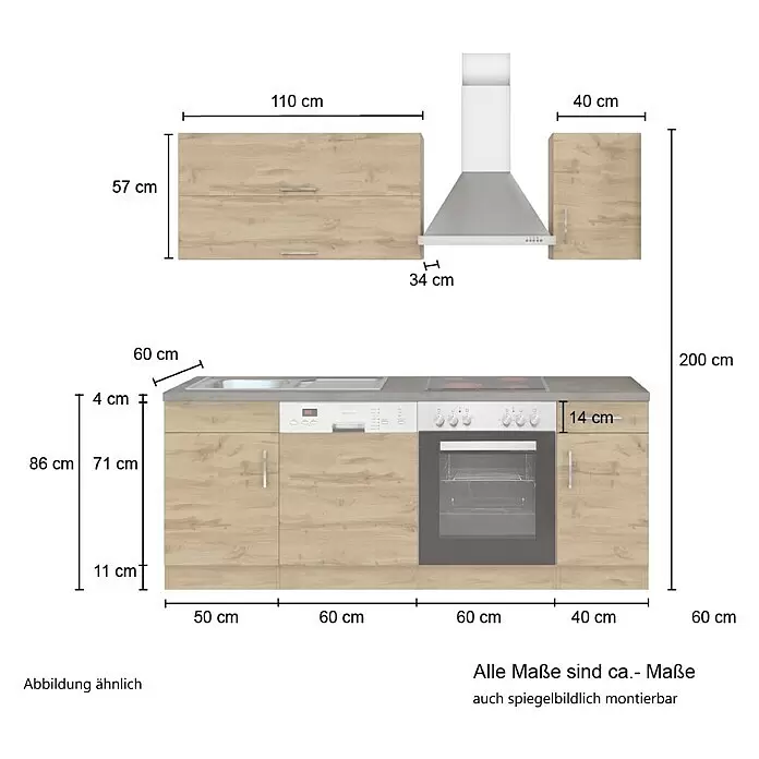 Held Möbel Küchenzeile Barolo Typ 2 - Breite: 210 cm, Wotaneiche, Farbe Korpus: Graphitgrau, Mit Elektrogeräten - Küchenzeile mit hellen Holzfronten, grauer Arbeitsplatte, integrierten Geräten, Dunstabzugshaube und Maßen.