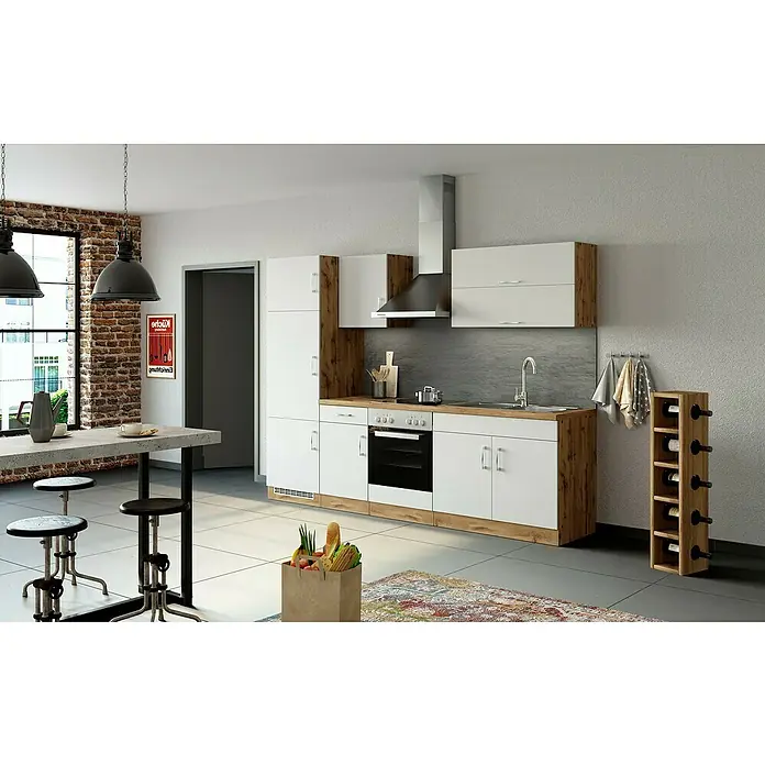 Held Möbel Küchenleerblock Barolo Typ 3 - Breite: 270 cm, Weiß, Farbe Korpus: Wotaneiche, Ohne Elektrogeräte - Helle Küche mit weißen Schränken, Holzelementen und stilvollem Weinflaschenregal. Moderne Küchengestaltung für ein einladendes Ambiente.