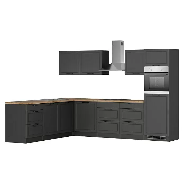 Held Möbel Winkelküche Padua Typ 1 - B x T: 300 x 240 cm, Grau, Mit Elektrogeräten, Cerankochfeld - Dunkelgraue Eckküche mit Holzarbeitsplatte, Edelstahlofen und Dunstabzugshaube.