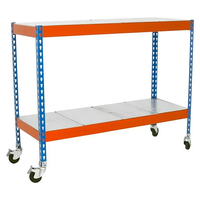 Simonrack Simonforte Estantería metálica Mobile Metal - Al x An x Pr: 97,5 x 150 x 75 cm, Número de baldas: 2 ud., Inserción, Azul/Naranja, Capacidad de carga por balda: 600 kg - Carro de montaje rodante con dos estantes en naranja y azul. Ideal para talleres, almacenes y salas de pasatiempos.
