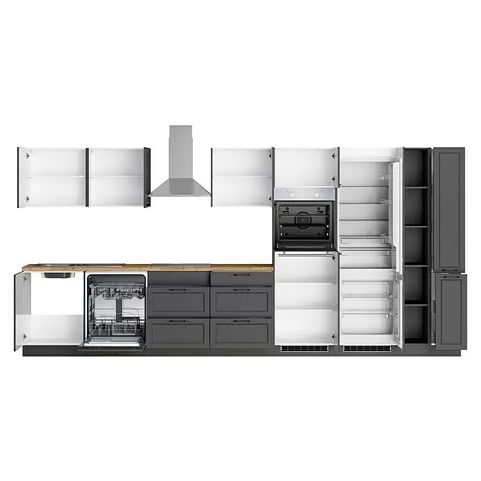 Held Möbel Küchenzeile Padua Typ 2 - Breite: 420 cm, Grau, Mit Elektrogeräten, Cerankochfeld - Moderne Küche mit dunkelgrauen Unter-, weißen Oberschränken, Holzarbeitsplatte. Integrierter Edelstahl-Ofen, Geschirrspüler, Kühlschrank, Dunstabzugshaube, alle offen.