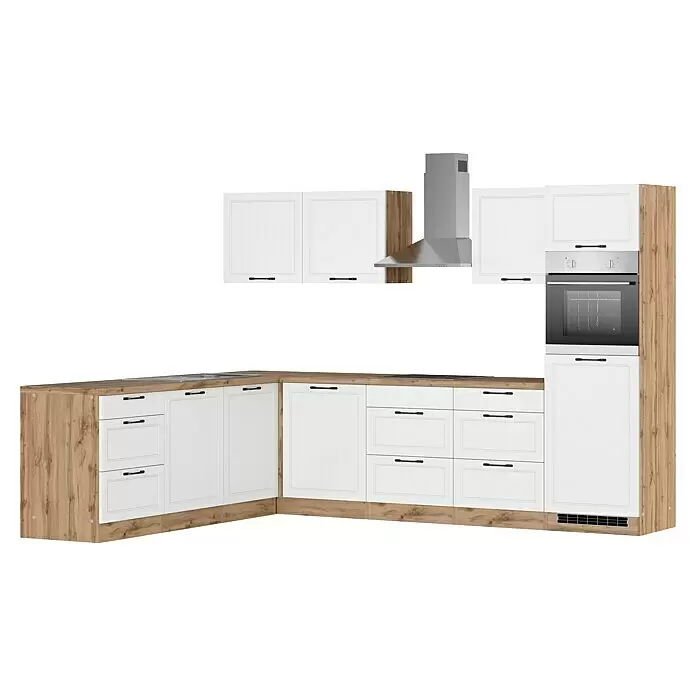Held Möbel Winkelküche Padua Typ 1 - B x T: 300 x 240 cm, Weiß, Mit Elektrogeräten, Cerankochfeld - L-förmige Küche mit weißen Schränken, Holz-Arbeitsplatten und integriertem Edelstahl-Ofen, Spüle, Kochfeld, Dunstabzugshaube.