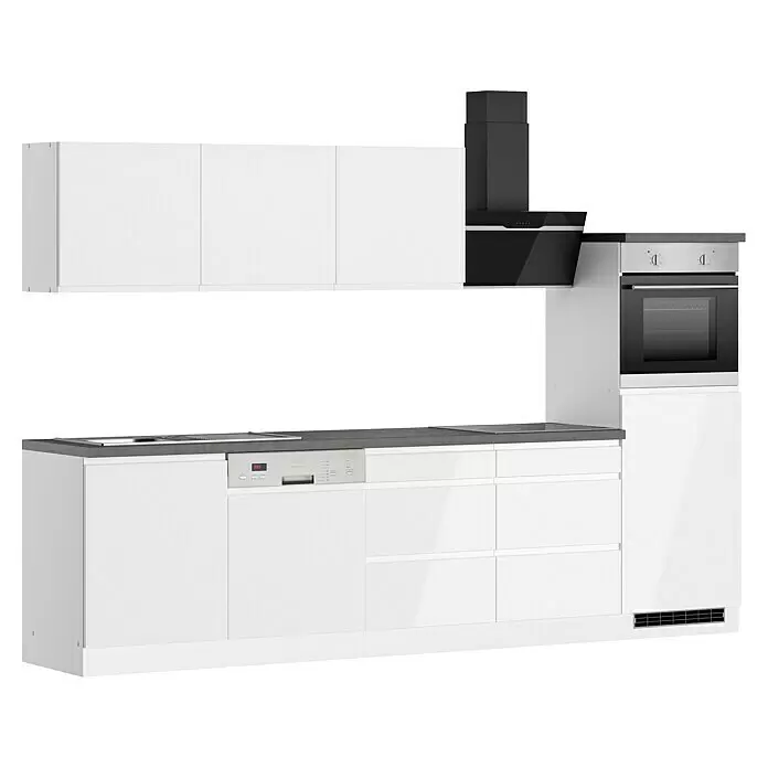 Held Möbel Küchenzeile Treviso Typ 3 - Breite: 300 cm, Weiß, Dekor Arbeitsplatte: Betonoptik, Induktionskochfeld, Mit Elektrogeräten - Moderne weiße Küchenzeile mit integrierter Spüle, Kochfeld, Backofen, Geschirrspüler und schwarzer Dunstabzugshaube.