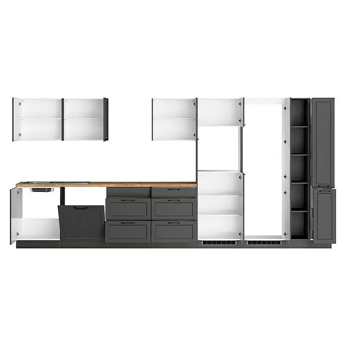 Held Möbel Küchenleerblock Padua - Breite: 420 cm, Farbe Front: Grau, Ohne Elektrogeräte, Für Einbaukühlschrank - Modulare Küchenzeile in Dunkelgrau und Weiß mit heller Holzplatte, mit offenen Schranktüren und Schubladen.