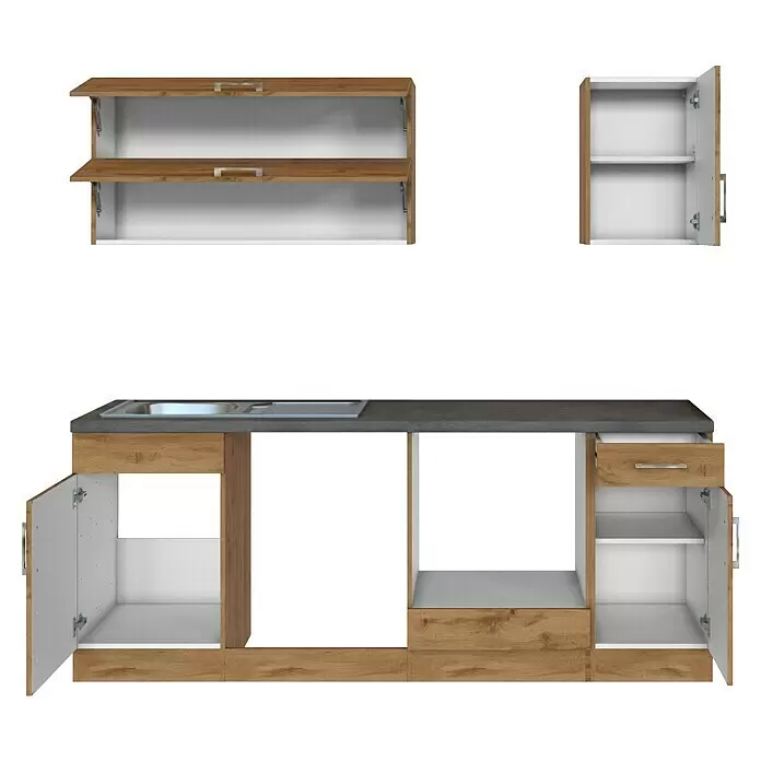 Held Möbel Küchenleerblock Barolo Typ 2 - Breite: 210 cm, Wotaneiche, Farbe Korpus: Wotaneiche, Ohne Elektrogeräte - Modulare Küchenschränke mit Holzoptikfronten, dunkler Arbeitsplatte, geöffneten Türen und Spüle.