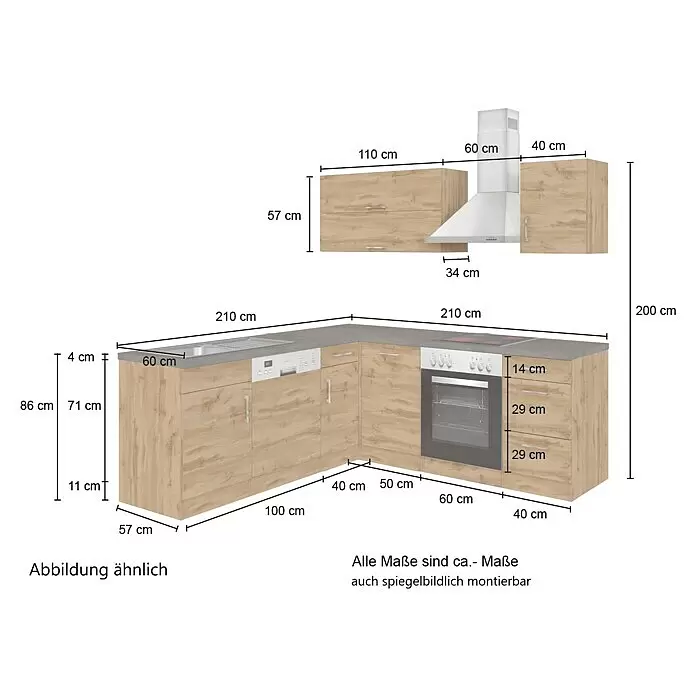 Held Möbel Winkelküche Barolo Typ 3 - B x T: 210 x 210 cm, Wotaneiche, Wotaneiche, Mit Elektrogeräten - L-förmige Küchenzeile in heller Holzoptik mit grauer Arbeitsplatte, Spüle, Geschirrspüler, Backofen, Kochfeld, Dunstabzugshaube und Wandschränken. Maße sind angegeben.