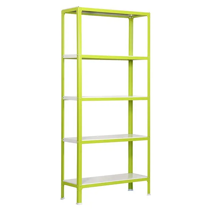 Simonrack Simonhome Metallregal Click Metall Mini - H x B x T: 180 x 80 x 40 cm, Traglast pro Boden: 150 kg, Anzahl Böden: 5 Stk., Stecken, Grün/Weiß - Ein hellgrünes Regal mit fünf weißen Ablagen auf schwarzem Hintergrund. Das Regal ist stabil und bietet viel Stauraum.