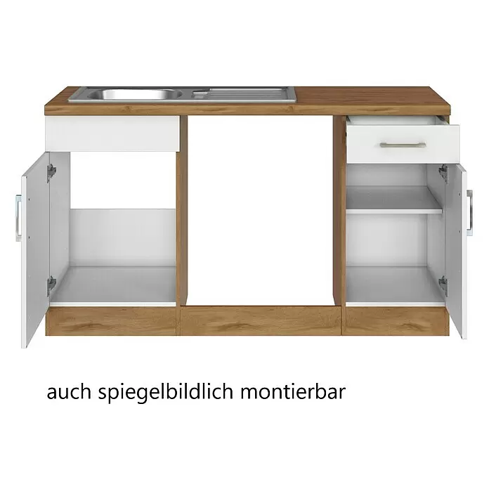 Held Möbel Winkelküche Barolo Typ 7 - B x T: 270 x 210 cm, Farbe Front: Weiß, Wotaneiche, Ohne Elektrogeräte - Spülenunterschrank aus Holz mit weißen Türen und Schublade, inklusive Edelstahlspüle. Spiegelbildlich montierbar.