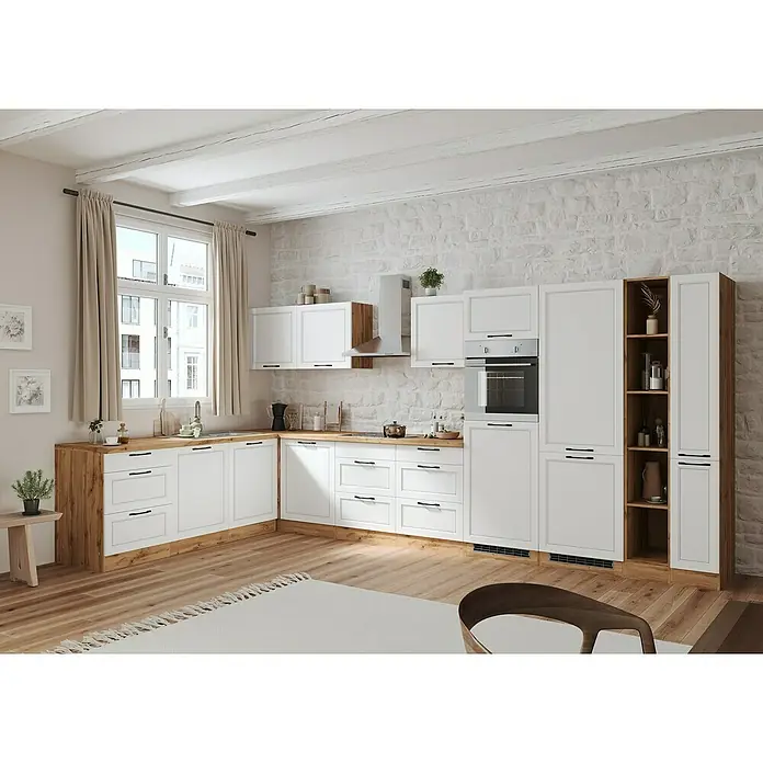 Held Möbel Küchenleerblock Padua Typ 4 - Breite: 420 cm, Weiß, Ohne Elektrogeräte - Moderne Küche mit weißen Schränken, Holzakzenten und einer hellen Arbeitsplatte für einen stilvollen Look.