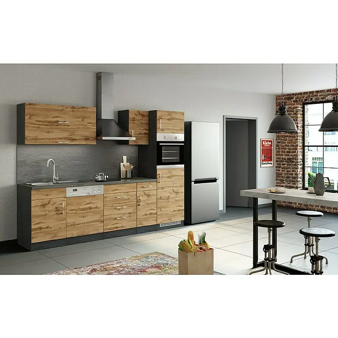 Held Möbel Küchenleerblock Barolo - Breite: 270 cm, Wotaneiche, Farbe Korpus: Graphitgrau, Ohne Elektrogeräte - Helle Holzküche mit modernen Geräten und einer Kücheninsel mit Barhockern. Viel Stauraum und elegante Details.