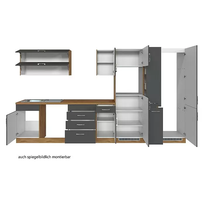 Held Möbel Küchenleerblock Barolo Typ 1 - Breite: 360 cm, Anthrazit, Ohne Elektrogeräte, Wotaneiche - Modulare Küchenzeile mit dunkelgrauen und Holzoptikfronten, offenen Schränken, Schubladen und Gerätefächern mit Spüle.