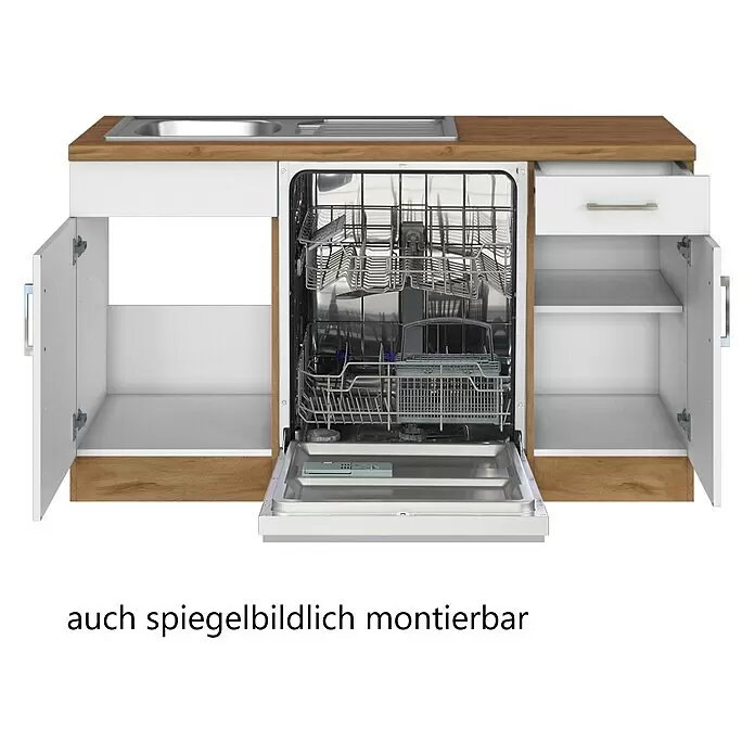 Held Möbel Winkelküche Barolo Typ 5 - B x T: 210 x 270 cm, Weiß, Wotaneiche, Mit Elektrogeräten - Weiße Küchenzeile mit Holzoptik-Elementen, integrierter Spüle und geöffnetem Geschirrspüler. Spiegelbildlich montierbar.