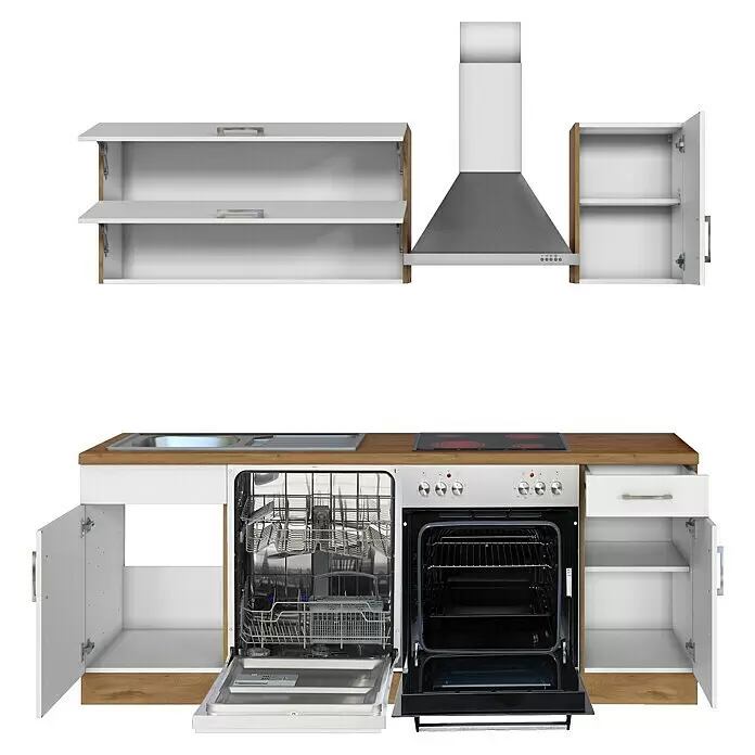 Held Möbel Küchenzeile Barolo Typ 2 - Breite: 210 cm, Weiß, Farbe Korpus: Wotaneiche, Mit Elektrogeräten - Weiße Modulküche mit Holzakzenten, Spüle, Kochfeld, offenem Geschirrspüler, offenem Backofen und Hängeschränken mit Dunstabzugshaube.