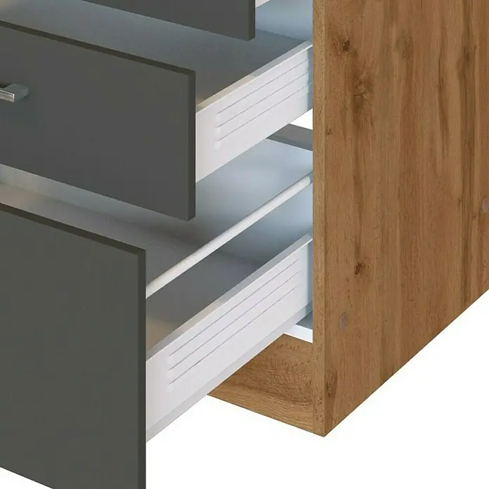 Held Möbel Küchenzeile Barolo Typ 8 - Breite: 360 cm, Anthrazit, Farbe Korpus: Wotaneiche, Mit Elektrogeräten - Nahaufnahme eines Schrankes mit offenen Schubladen in Grau und Holzoptik.