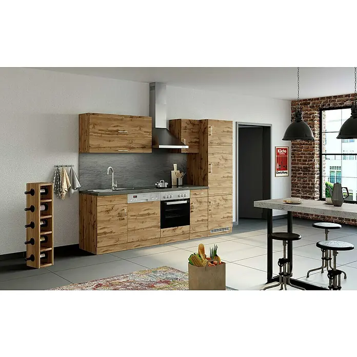 Held Möbel Küchenleerblock Barolo Typ 4 - Breite: 270 cm, Wotaneiche, Ohne Elektrogeräte, Farbe Korpus: Wotaneiche - Eine moderne Küche mit Holzschränken, einer Dunstabzugshaube und einem Weinflaschenregal, die ein stilvolles und funktionales Design bietet.