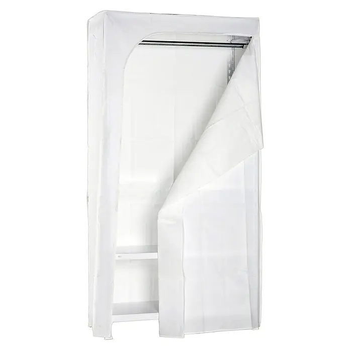 Simonrack Simonclick Estantería metálica Click & Keep - Al x An x Pr: 180 x 90 x 50 cm, Número de baldas: 3 ud., Inserción, Blanco - Imagen de un armario de tela blanco con una cubierta parcialmente abierta, que ofrece una solución de almacenamiento sencilla y flexible.