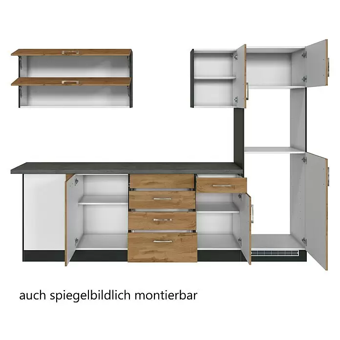 Held Möbel Winkelküche Barolo Typ 8 - B x T: 270 x 210 cm, Wotaneiche, Graphitgrau, Ohne Elektrogeräte - Küchenzeile mit Oberschränken, Unterschränken und Schubladen in Holzoptik und Dunkelgrau, teils offen.