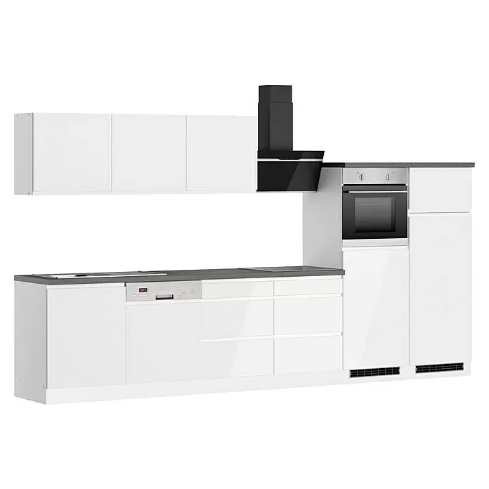 Held Möbel Küchenzeile Treviso Typ 2 - Breite: 360 cm, Weiß, Dekor Arbeitsplatte: Betonoptik, Induktionskochfeld, Mit Elektrogeräten - Moderne weiße Küche mit grauer Arbeitsplatte, schwarzer Dunstabzugshaube, integriertem Backofen, Kochfeld und Geschirrspüler.
