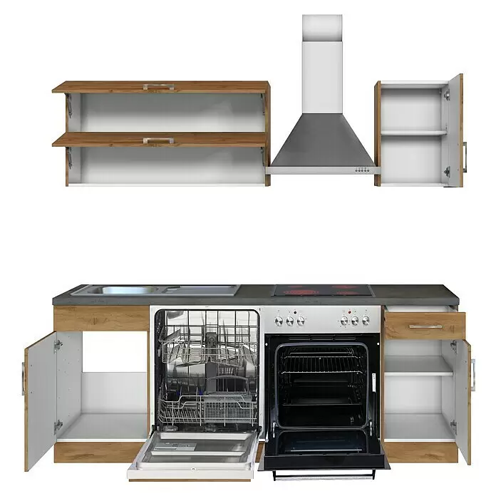 Held Möbel Küchenzeile Barolo Typ 2 - Breite: 210 cm, Wotaneiche, Farbe Korpus: Wotaneiche, Mit Elektrogeräten - Modulare Küchenzeile mit offenen Schränken in Holzoptik und Weiß, Spüle, integriertem Herd/Ofen, Geschirrspüler und Dunstabzugshaube.