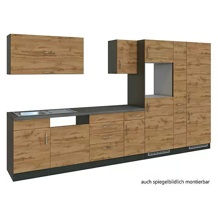 Held Möbel Küchenleerblock Barolo Typ 1 - Breite: 360 cm, Wotaneiche, Ohne Elektrogeräte, Graphitgrau - Modularer Küchenblock in Holzoptik mit dunkelgrauen Arbeitsplatten, Spüle, Schubladen und Schränken, spiegelbildlich montierbar.