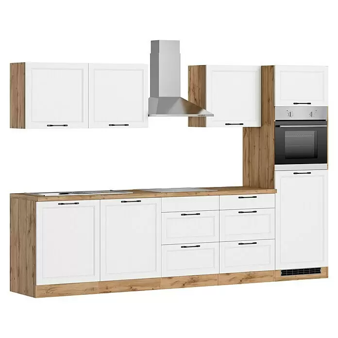 Held Möbel Küchenzeile Padua Typ 1 - Breite: 300 cm, Weiß, Induktionskochfeld, Mit Elektrogeräten - Weiße Küchenzeile mit Holzapplikationen, integriertem Backofen und silberner Dunstabzugshaube.