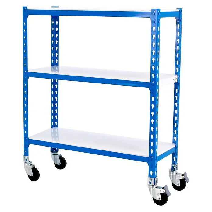 Simonrack Simonclick Estantería metálica Mobile Plus - Al x An x Pr: 90 x 100 x 50 cm, Número de baldas: 3 ud., Inserción, Azul - Estantería móvil con tres estantes. Estructura azul y estantes blancos. Perfecta para talleres y almacenes.\n