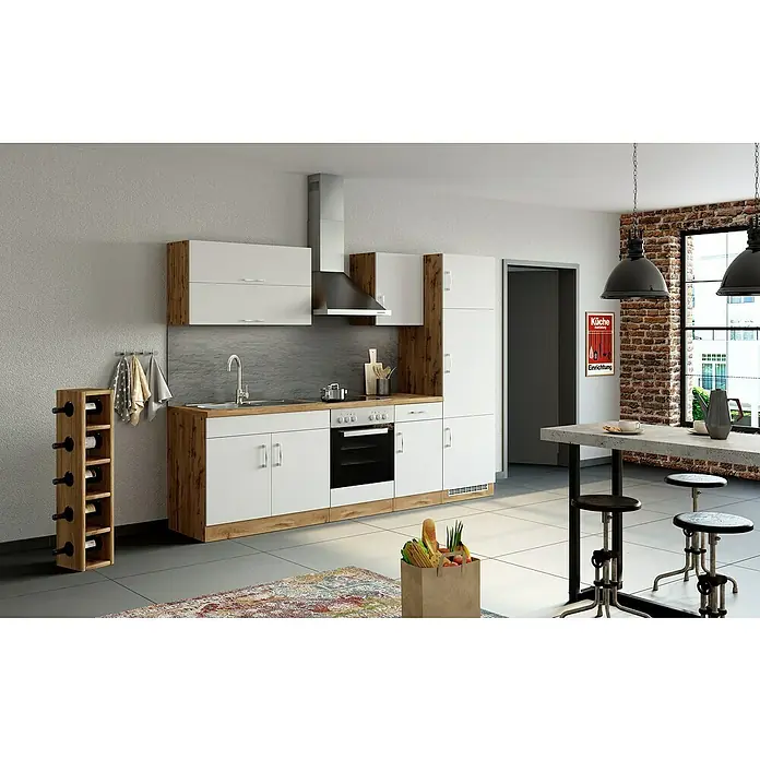 Held Möbel Küchenleerblock Barolo Typ 3 - Breite: 270 cm, Weiß, Farbe Korpus: Wotaneiche, Ohne Elektrogeräte - Eine moderne Küche mit weißen Schränken, hölzernen Akzenten und einer Kücheninsel mit Barhockern, die ein stilvolles und funktionales Design bietet.