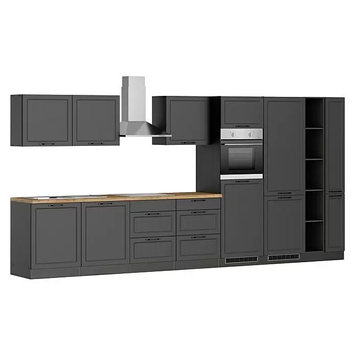 Held Möbel Küchenzeile Padua Typ 2 - Breite: 420 cm, Grau, Mit Elektrogeräten, Cerankochfeld - Moderne dunkelgraue Küche mit Holztheke, Einbaubackofen, Kochfeld und Dunstabzugshaube.